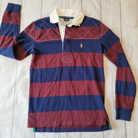 Ralph Lauren Sport Boy •Size Sm• Burgundy Navy Striped Long Slv Polo - Picture 1 of 10